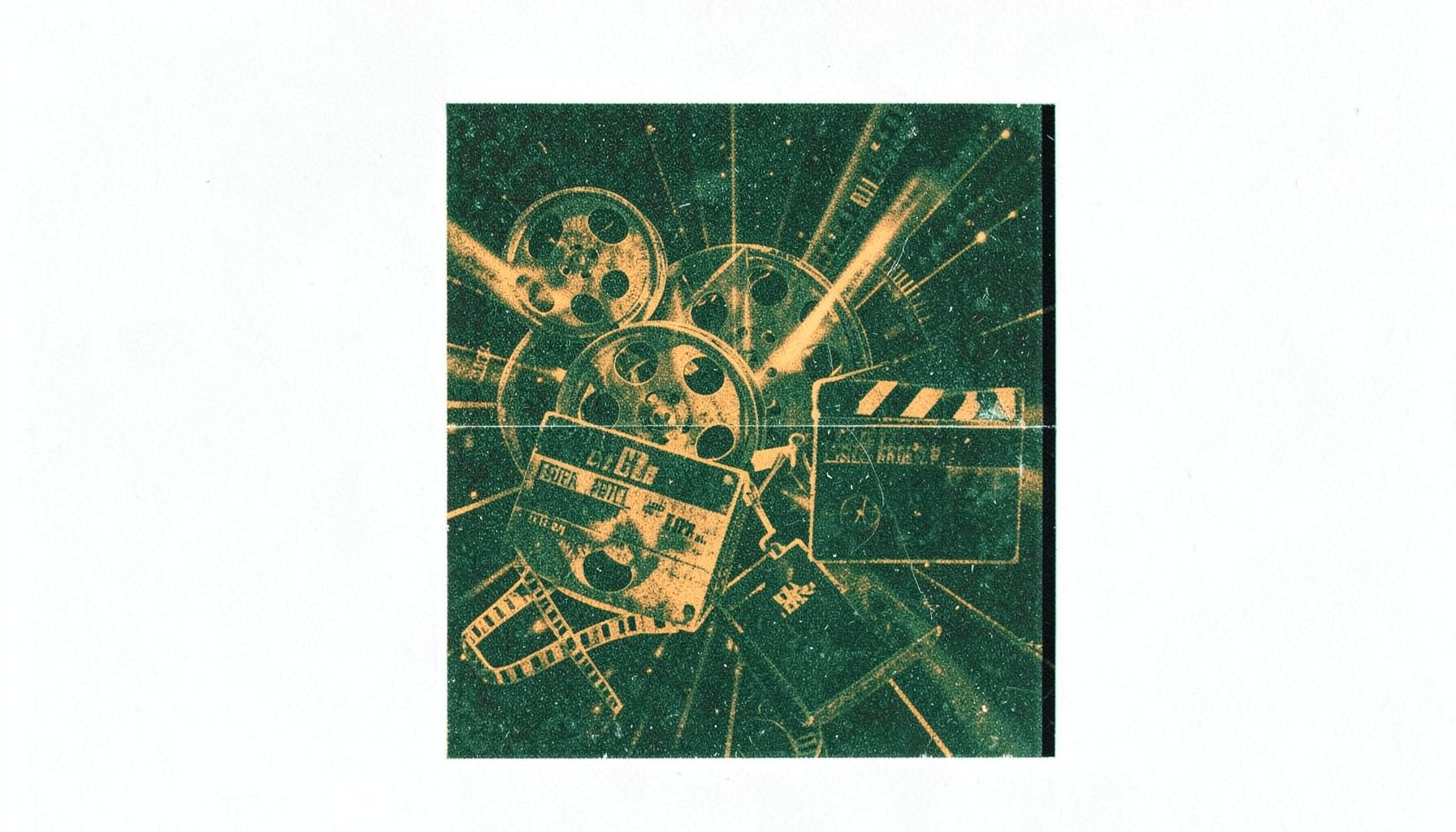A two-ink risograph print in deep green and warm ochre showing overlapping film reels, clapperboards, and abstract cinematic light streaks against a dark background, evoking the energy of movie browsing.