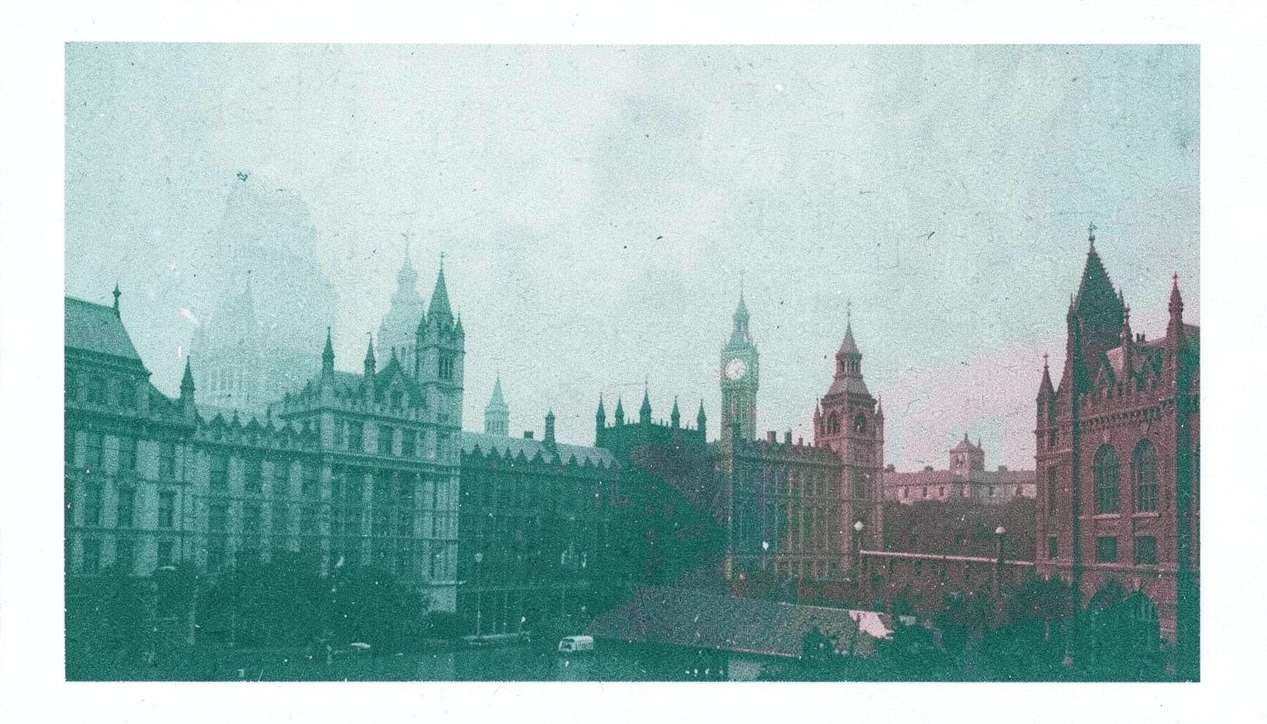 Risograph print of London landmarks in muted teal and brick red, foggy atmosphere, two-ink duotone with gentle grain