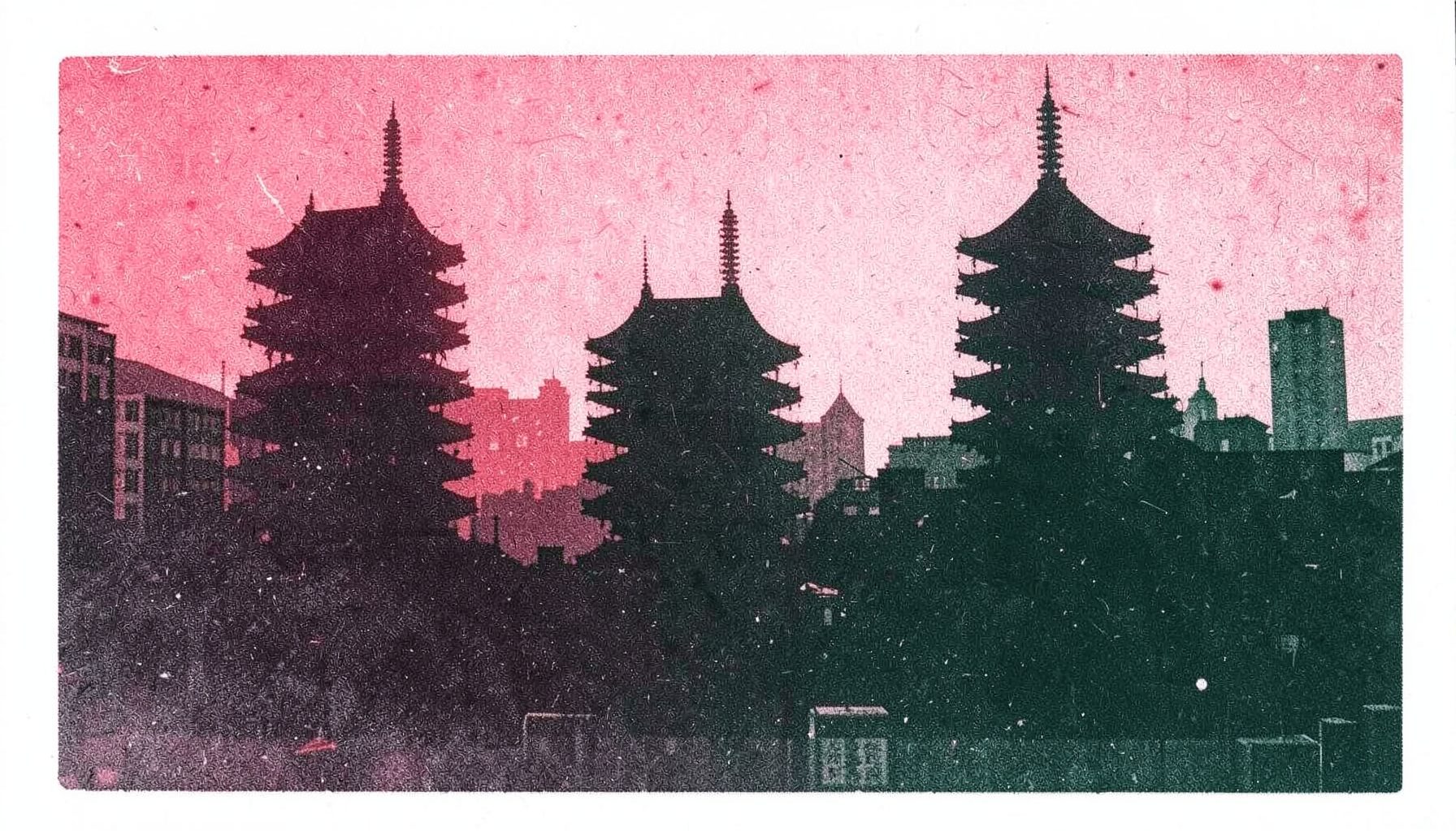 Risograph print of Chinese urban skyline with layered pagoda silhouettes, crimson red and charcoal black, two-ink duotone