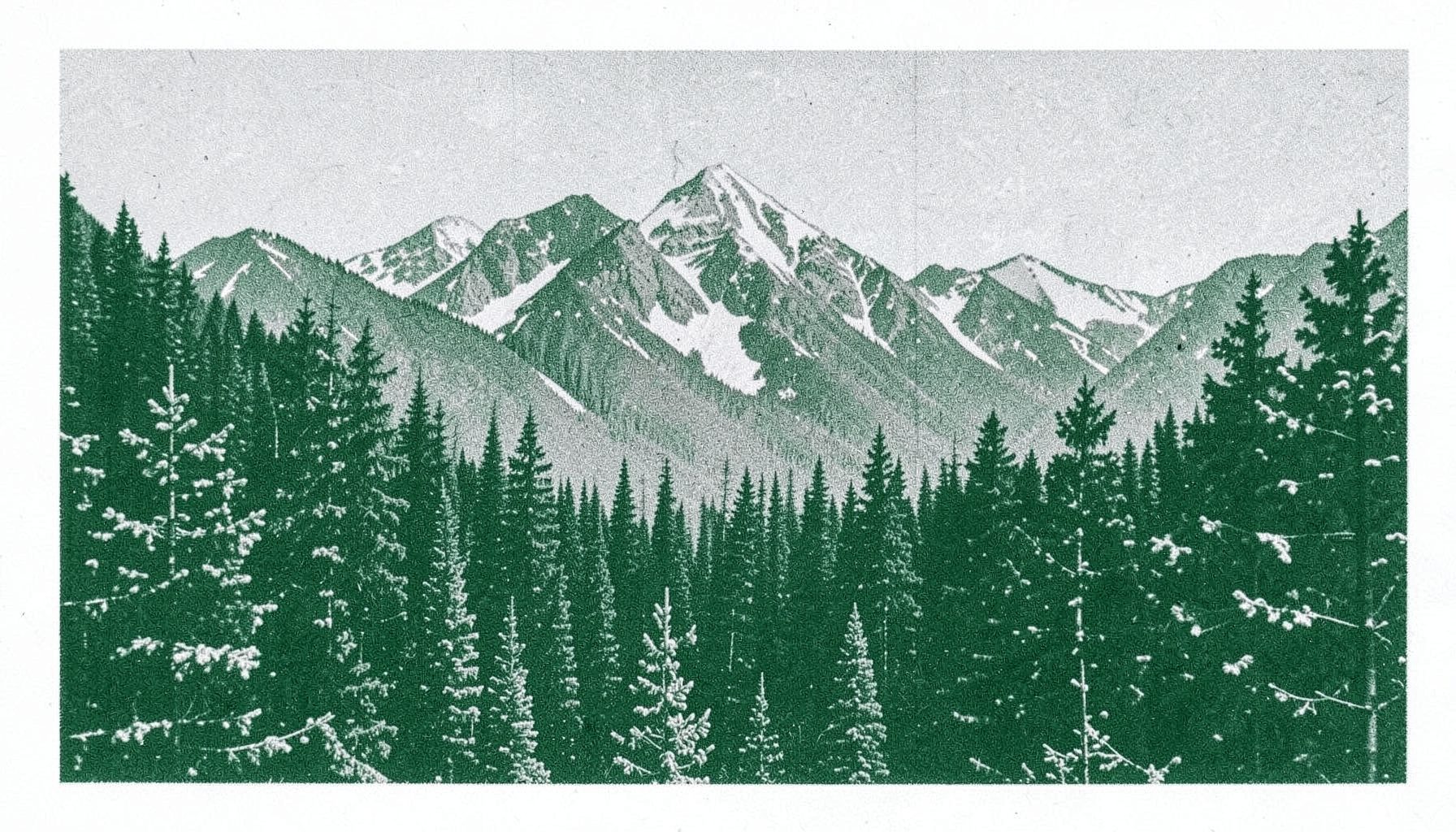 Risograph print of Canadian mountain landscape with pine forests, forest green and slate gray, two-ink duotone with grain
