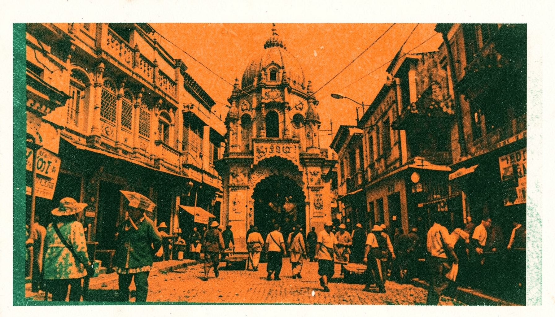 Risograph print of vibrant Indian street scene with ornate architecture, saffron orange and deep brown, two-ink duotone
