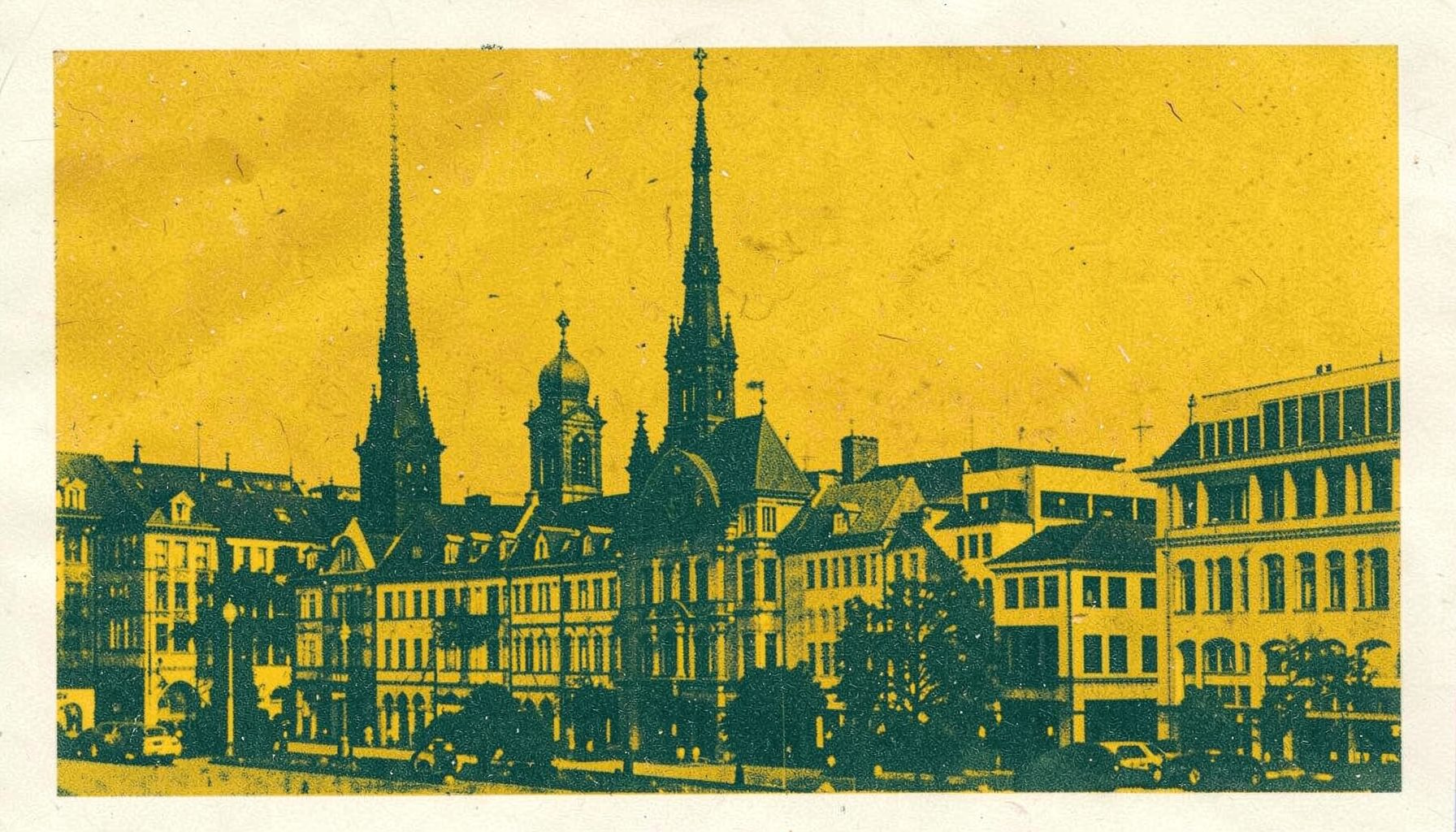 Risograph print of German cityscape with historic spires and modern buildings, mustard yellow and dark slate, two-ink duotone