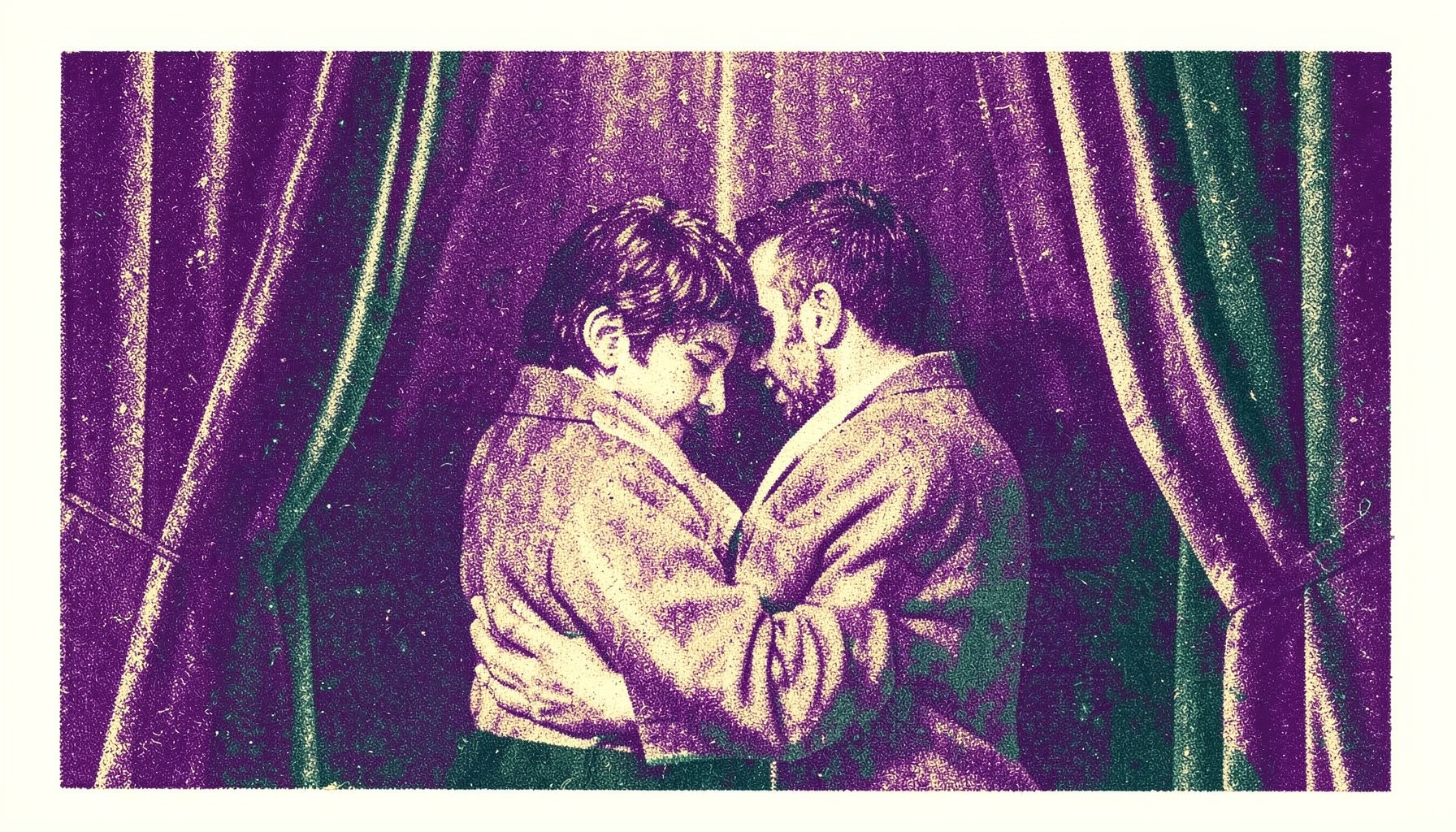 A two-ink risograph composition in deep violet and pale gold depicting two figures in an intimate embrace, framed by heavy curtains and low lamplight.