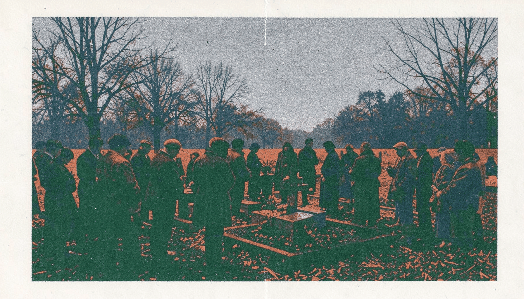 A somber risograph image in slate blue and rust orange of a gathering of mourners around a gravesite under an overcast sky, bare trees in the background.